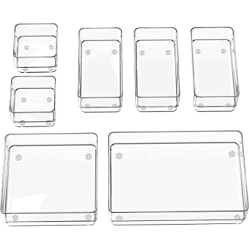 SMARTAKE 7-Piece Drawer Organizer with Non-Slip Silicone Pads, 4-Size Desk Drawer Organizer Trays Storage Tray for Makeup, Jewelries, Utensils in Bedroom Dresser, Office and Kitchen (Clear)