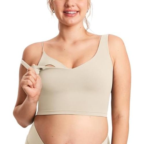 MOMANDA Women's Nursing Bras Longline Sports Breastfeeding V Neck Sleeveless Crop Tank Top with Built in Bra