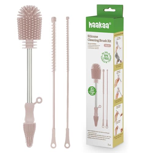 Haakaa Silicone Cleaning Brush Kit – Household Cleaning Brushes for Bottles and Crevices – Food-Grade Silicone: Dishwasher Safe (Kit-Blush)