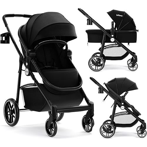INFANS 2 in 1 Baby Stroller, High Landscape Infant Stroller & Reversible Bassinet Pram, Foldable Pushchair with Adjustable Canopy, Storage Basket, Cup Holder, Suspension Wheels (Black)