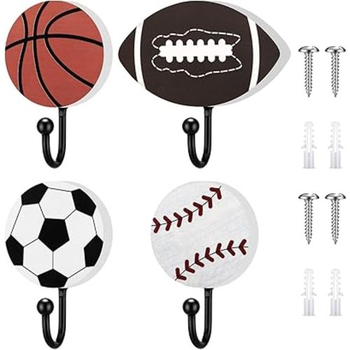 Marsui 4 Pcs Baseball Football Soccer Basketball Coat Hooks with 8 Screws, 2 Inch Sports Fan Themed Coat Hook Towel Hanger Storage Wood Metal Wall Art Sport Wall Mounted Decor(Single Hook)