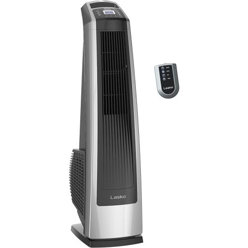 Lasko High Velocity Oscillating Tower Fan for Bedroom, Garage, Basement, and Gym with Remote Control, Timer, 3 Powerful Speeds, 35" Silver/Black, U35115
