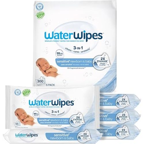 WaterWipes Sensitive+ Newborn & Baby Wipes, 3-In-1 Cleans, Cares, Protects, 99.9% Water, Unscented & Hypoallergenic, 300 Count (5 Packs)