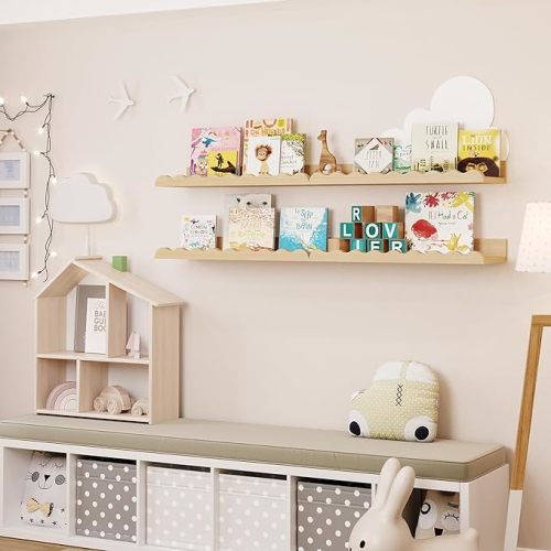Kids' Bookshelf Set of 4 - Wood Floating Nursery Book Shelves, Picture Ledge Shelf for Wall Decor and Storage - Perfect for Books, Toys, Photo Frames, and Nursery Décor