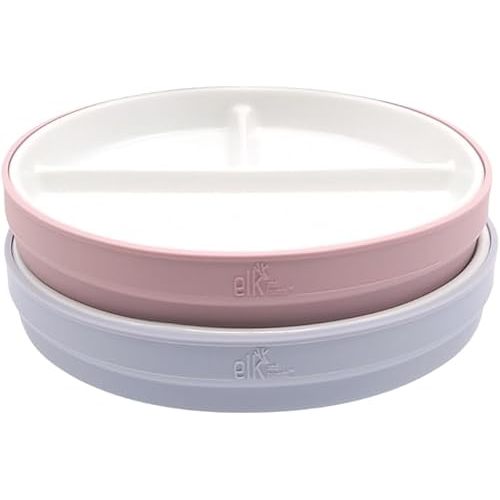Elk and Friends Kids 6.7” Porcelain White Plates with Silicone Sleeves | Divided Plates | Suitable for Kids/Toddlers | Microwave & Dishwasher Safe | Non Slip | Snack Dishes