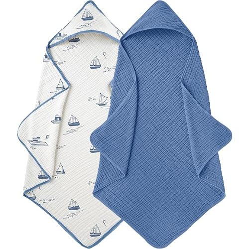Muslin Hooded Baby Towels for Newborns, Toddler Bath Towel, 100% Cotton – 6 Layers Super Soft Absorbent Breathable, Baby Bath Towel, 32"x32", Newborn Essentials – Pack of 2