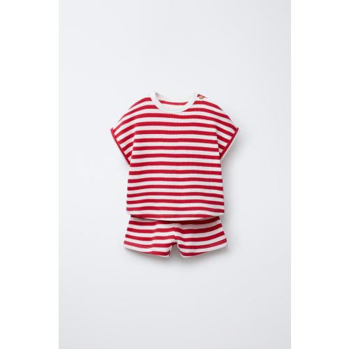 STRIPED WAFFLE T-SHIRT AND BERMUDA SET - Red | ZARA United States