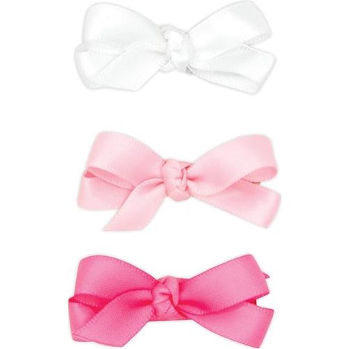 Wee Ones Girls' MULTIPACK Three Baby Satin Bows with Knot Wrap Centers on WeeStay Hair Clips, Pearl, Millennium Blue, Light Orchid