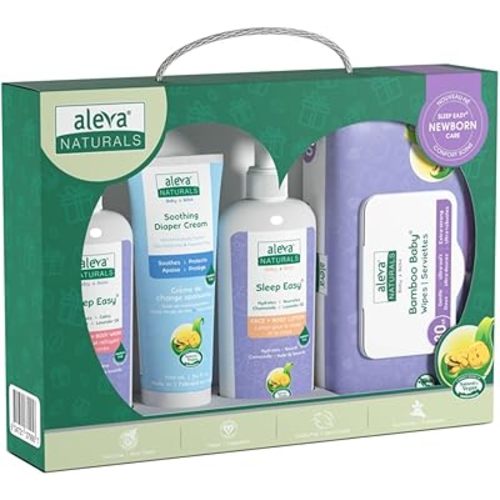 Aleva Naturals Newborn Comfort Care Kit includes: Bamboo Baby Wipes, Sleep Easy Hair & Body Wash, Calming Lotion, Soothing Diaper Cream - Natural, Plant-Based Formula, Hypoallergenic, 4 Piece Set