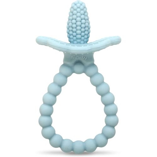 RaZbaby Silicone Baby Teether, BerryBumps Textured Silicone Soothes Babies’ Sore Gums, Infant Front and Back Teething Relief Toy, BPA Free, Easy-to-Hold, RaZberry Plus Fruit Shape, 3M+ – Blue