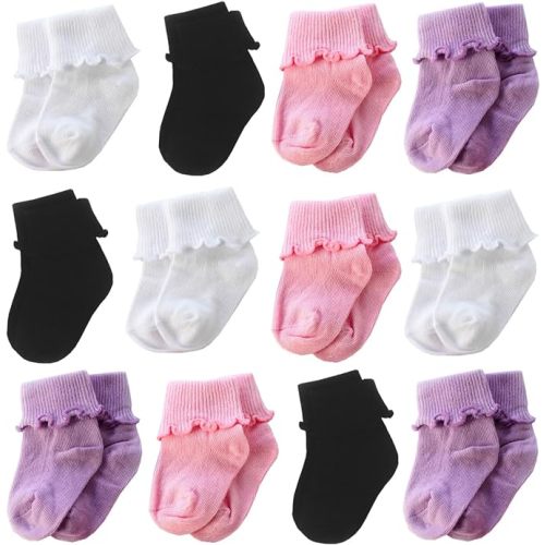 Xiyadun 6 &12 Pairs Infant Toddler Baby Kids Turn Cuff Ruffle Cotton Socks - 12 Pairs-white/Black/Pink/Purple