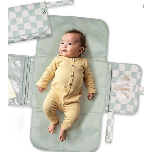 Tiny Twinkle Portable Diaper Changing Pad-Foldable Waterproof Changing Mat&Portable Changing Pad for Travel,Baby Changing Station with Smart Wipes Pocket&Storage (Sage Checkers)