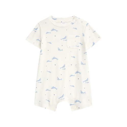 Star & Whale Print Cotton Pocket Romper