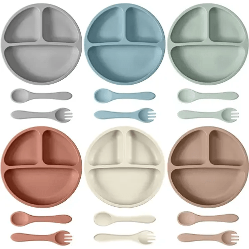18 Pcs Baby Suction Plates Toddler Divided Plate Set Silicone Baby Plates with Forks and Spoons Baby Plates with Suction Toddler Utensils for Baby Kids Dishwasher Microwave Safe (Macaron Color)