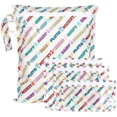 Bumkins Disney Waterproof Wet Bag and Packing Pouches, TSA Airline Compliant, Baby, Travel, Swim Suit, Cloth Diapers, Pump Parts, Pool, Gym Clothes, Toiletry, Daycare, 4-pc Mickey and Friends White