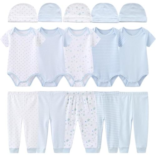 0-12 Months Unisex Baby Pants Sets New born Bodysuit and Hats 15 Pack Boy Girl Infant Comfort Outfit Clothes