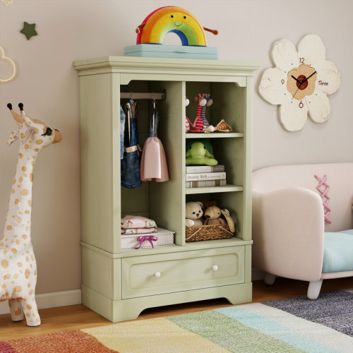 Latitude Run® Open Wooden Kids Wardrobe With Hanging Rod,Storage Shelves And A Large Drawer | Wayfair