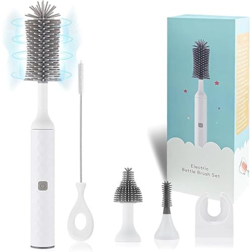 Electric Bottle Brush, 4 Piece Bottle Brush Set with Baby Bottle Brush Cleaner, Nipple Brush, Pacifier Cleaner, Straw Cleaner Brush, Gifts for Newborns and Mothers, White
