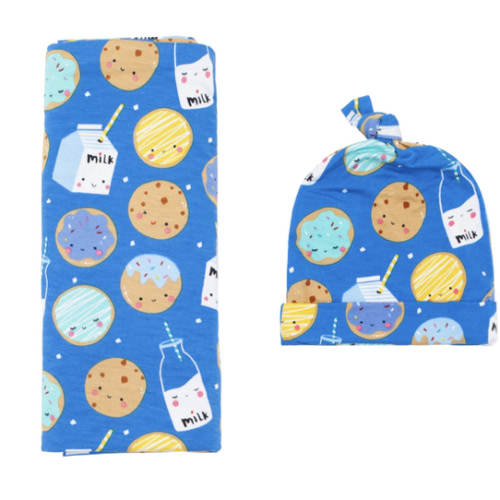 Blue Cookies & Milk Swaddle & Hat Set - Little Sleepies