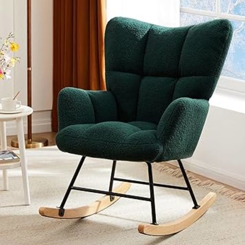 DUMOS Rocking Chair with Wing Backrest, Teddy Upholstered Indoor Reading Glider Chair with Comfy Seat for Bedroom, Living Room, Office, Forest Green