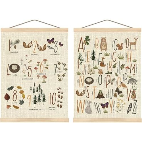 Boat Wades Numbers Animals Alphabet Poster Hanger Frame Set of 2, Forest Animal ABC 123 Educational Wall Art Hanging Banner Decor for Nursery Playroom Classroom Homeschool,12x16