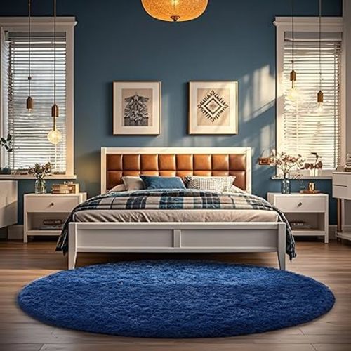 Ophanie Round Rug 5Ft Blue Circle Area Rug, Boys Room Decor, Fluffy Fuzzy Bedroom Carpet, Plush Soft Shaggy Living Room Rugs for Kids Home Decor Aesthetic, Nursery