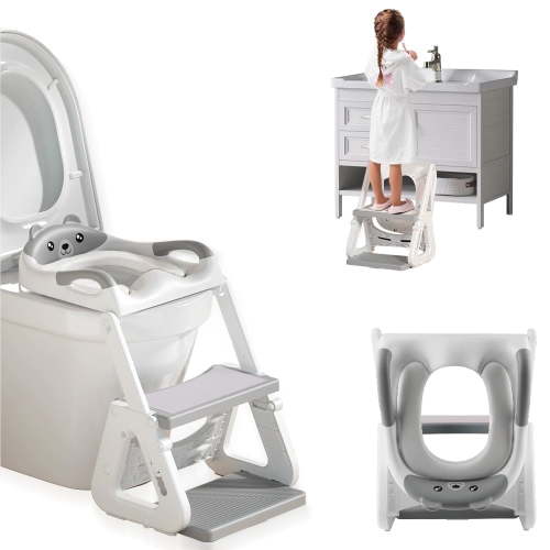 SZZJKJ Potty Training Toilet Seat, 2-in-1 Toddler Potty Training Seat with Non-Slip Footstool (Gray and White)