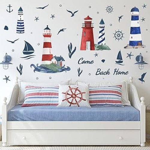 PLIGREAT Lighthouse Seagull Sailboat Wall Stickers, Removable Vinyl Peel and Stick Wall Decals for Nursery Bedroom Playroom Living Room Wall Decorations Home Indoor DIY Nautical Wall Art Decor