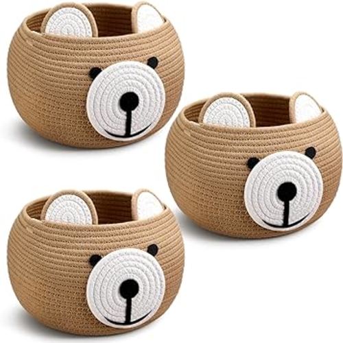 Uiifan 3 Pcs Baby Laundry Basket Bear Cute Round Cotton Rope Basket for Newborn Items Storage, Clothes, Toy, Blankets, Towels, Nursery, 9.45 x 9.45 Inches, Brown
