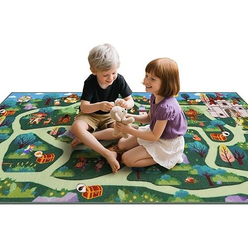 LIVEBOX Washable Kids Carpet Playmat Rug for Boys Play Room, Baby Fun Learning Road Rug for Kids Baby Toddler, Non-Slip Forest Road Rugs for Toddler Room Bedroom Classroom, 79" x 39", Green