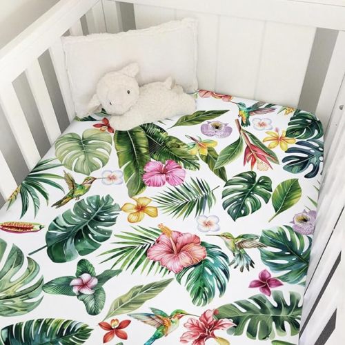 Green Tropical Leaves Floral Hummingbirds Baby Crib Sheets 52''x28'' Rainforest Monstera Leaves Snug Fitted Crib Mattress Covers for Boy Girl Soft Nursery Bed Sheet for Standard Crib Toddler Mattress