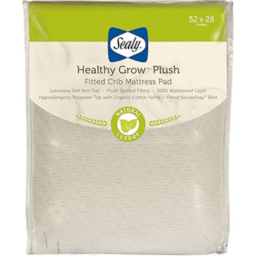 Sealy Healthy Grow Plush Waterproof Fitted Toddler Bed and Baby Crib Mattress Pad Cover Topper, Waterproof Crib Mattress Protector, Noiseless, Machine Washable and Dryer Friendly, 52" x 28" - Cream