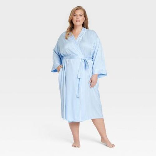 Women's Luxury Collection Shadow Striped Long Satin Robe - Auden™ Blue 1X/2X: Relaxed Fit, Three Quarter Sleeve