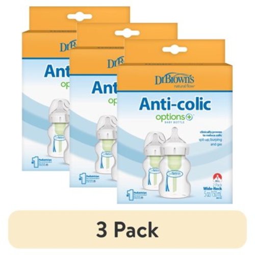 (3 pack) Dr. Brown's Anti-Colic Options + Wide-Neck Baby Bottle, 5 oz/150 ml, Level 1 Nipple, 0m +, 2-Pack