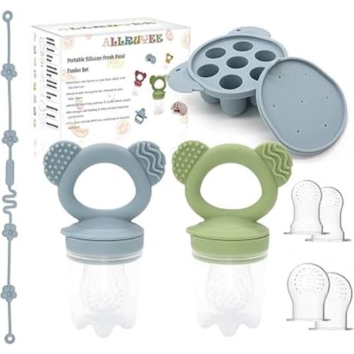 Baby Fruit Feeder & Mini Freezer Tray Combo Breastmilk Popsicle Mold Fresh Food Feeder for Safe Infant Self-Feeding Teething Relief Extra Food Pouches(Green and Blue)