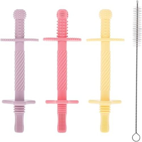 Nuby Silicone Teething Tubes – 3-Pack Teething Straws for Babies, Multiple Texture Teething Sticks Sized for Little Hands, 3M+, Girl