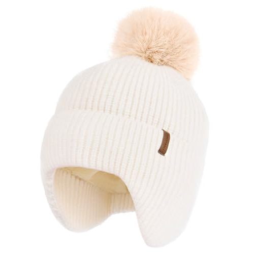 Toddler Baby Winter Hat Warm Fleece Lined Knit Kids Hat with Earflap Infant Newborn Pom Pom Beanie Knit Cap Girls Boys