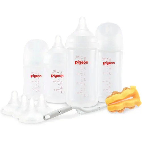 Pigeon Baby Bottle Newborn Feeding Gift Set, Wide Neck Bottle with Latch-On Line Nipple (4 PP Feeding Bottles with Nipples+ 4 Nipples + 1 Baby Bottle Brush)