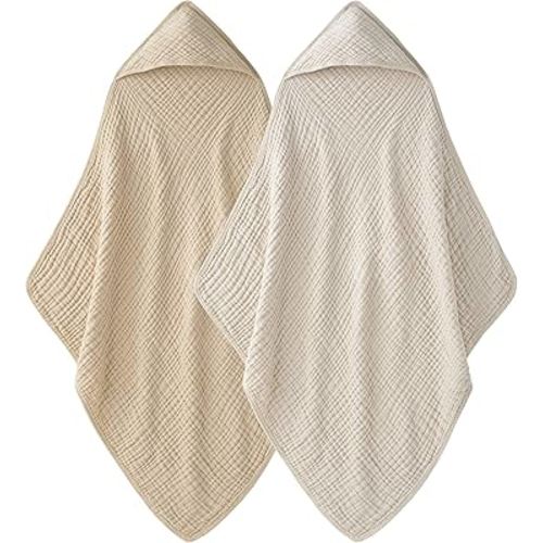 Hooded Baby Towels 100% Muslin Cotton Baby Bath Towels with Hood 2 Pack Baby Towels for Newborn, Infant, Toddler, Kids, Large 32x32Inches, Soft and Absorbent Newborn Essential Khaki
