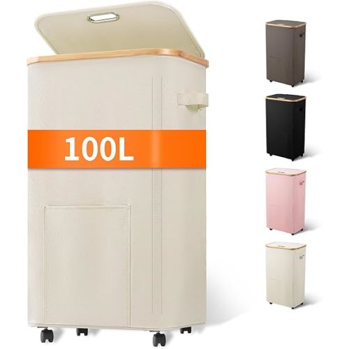 Laundry Basket with Wheels, Tall Dirty Clothes Hamper on Wheels, Rolling Laundry Hamper with lid for Dorm, Bedroom and Bathroom (Beige, 100L)