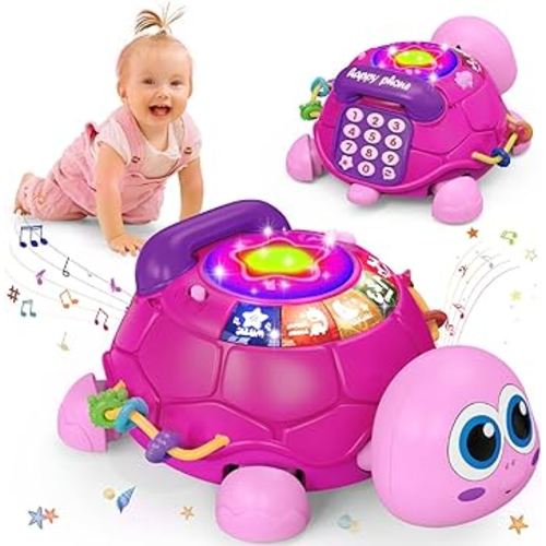 Baby Infant Light up Music Turtle Toys, Baby Toys 6 to 12 Months with Phone , Baby Crawling Girl Toys 7 8 9 10 11 Months 1-2 Year Old Newborn Girl Gift (Pink)