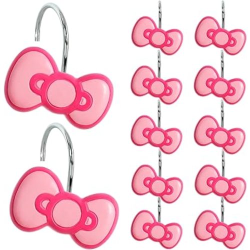 12-Piece Pink Bow Shower Curtain Hooks, Cute Stainless Steel Decorative Shower Hangers Rings for Bathroom Decor