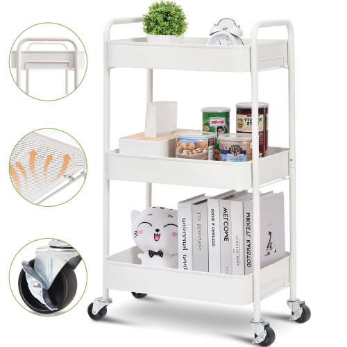 KK KINGRACK 3-Tier Rolling Cart, Metal Utility Cart with Wheels ,Office School Organizer, White