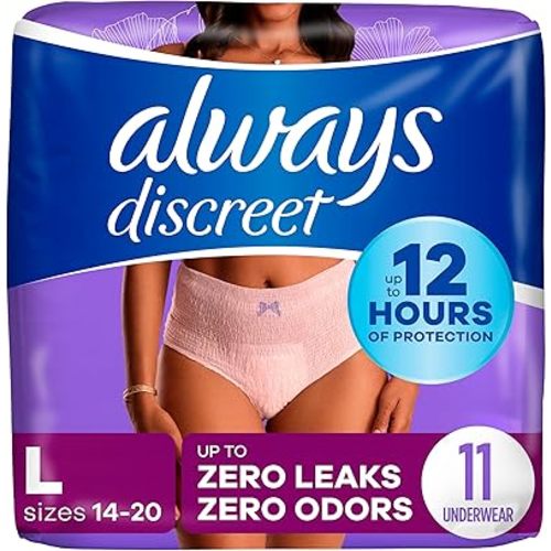 Always Discreet Adult Incontinence Underwear for Women and Postpartum Underwear, Size L, Up to 100% Bladder Leak Protection, 11 Count