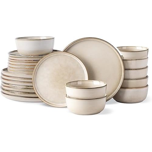 GBHOME Ceramic Dinnerware Sets for 8, 24 Pieces Stoneware Plates and Bowls Sets, Scratch Resistant Dishes, Dishwasher & Microwave Safe, Reactive Glaze-Cappuccino