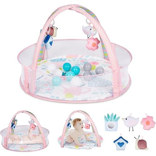 Baby Play Mat, 4-in-1 Baby Play Gym Tummy Time Mat with Ball Pit and 5 Detachable Toys for Newborn to Develop Sensory Exploration and Motor Skill 0-6-12 Months