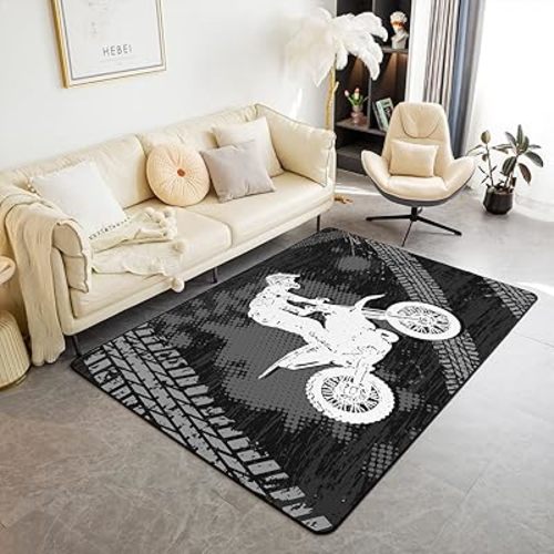 Racing Car Area Rug 3'x5',Motocross Motorcycle Decor Non Shedding Rug for Kids Teen Adults,Extreme Sport Dirt Bike Decorative Carpet for Playroom Bedroom Dining Room