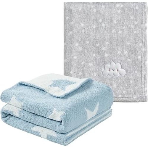 CREVENT 2Pcs 30''X40'' Cute Cozy Fluffy Warm Baby Blankets for Infants Toddlers' Bedding Crib Cot Stroller - Grey Cloud + Knit Blue