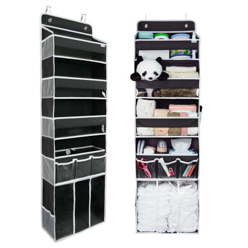 Baby Hanging Organizer 5-Shelf 10-Pockets Over-the-Door Organizer with Movable Diaper Caddy, Dark Gray,1 Pack.