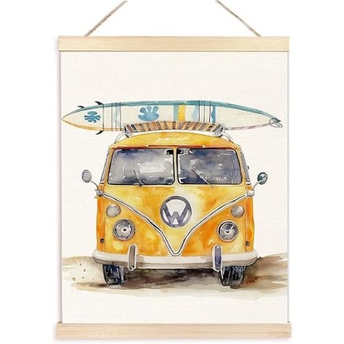 BESERH Surf Wall Art, Retro Beach Surfing Van Poster Hanger Frame, Coastal Room Decor Aesthetic, Summer Beach Wall Art Signs, 12x16 Inches